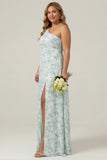 One Shoulder Blue White Flower Print Sheath Long Plus Size Bridesmaid Dress with Slit