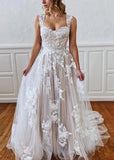 A Line Straps Sweetheart Wedding Dress with Lace Appliques