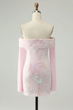Cute Sparkly Bodycon Off The Shoulder Sequin Pink Homecoming Dress with Long Sleeves