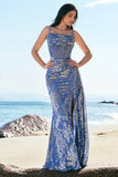 Mermaid Corset Burnout Velvet Watteau Train Blue Bridesmaid Dress with Slit