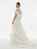 High Split A Line See through Short Sleeves Ruffle Tulle Wedding Dresses