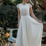 A Line Exquisite Lace Appliqued Cap Sleeves Wedding Dress