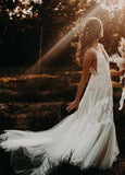 Bohemian Wedding Dresses V Neck Backless Romantic Dreamy Bridal Gowns