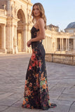 One Shoulder Cut Out Mermaid Floral Black Formal Dress