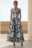 Navy Flower Round Neck A Line Midi Wedding Guest Dress with Pockets
