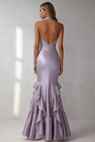Lilac Halter Mermaid Ruffle V Neck Long Formal Dress