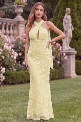 Floral Halter Daffodil Mermaid Wedding Guest Dress with Scarf