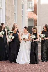 Simple A Line Round Neck Black Satin Long Bridesmaid Dresses