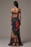 Black Floral Off the Shoulder Cut Out Mermaid Formal Dress