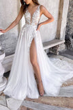 Attractive Illusion Deep V Neck Lace Appliques Boho Wedding Dress with Slit