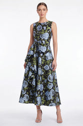 Floral A Line Blue Jacquard Round Neck Midi Mother of the Bride Dress