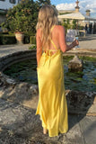 Sheath V Neck Tie Back Maxi Dress with Slit in Yellow