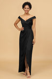 Sheath Column Off The Shoulder Satin Long Bridesmaid Dress
