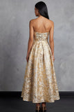 Strapless Gold Floral Jacquard A Line Midi Wedding Guest Dress