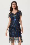 Sparkly Black Blue Sheath Sequins V Neck 1920s Dress