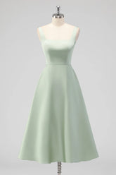 Sage Green A Line Square Neck Tea Length Satin Bridesmaid Dress