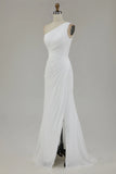 One Shoulder Ivory Ruched Engagement Dress with Slit