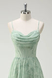 Green Floral A Line Cowl Neck Corset Long Bridesmaid Dress with Ruffle Slit