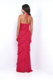 Remi Red Maxi Dress Halter Neck Open Back Ruffle Detail
