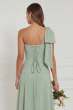 Sage A Line One Shoulder Long Bridesmaid Dress with Slit