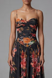 Black A Line Printed Ruched Long Formal Dress