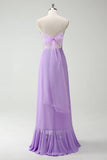 Purple A Line Strapless Lace Up Back Ruffled Long Bridesmaid Dress with Ruffled Slit
