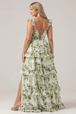 Green Flower A Line Printed Tiered Long Plus Size Bridesmaid Dress With Slit