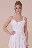 White Ruffled Spaghetti Straps A Line Midi Dress with Lace up Back
