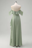 Light Green Sheath Off The Shoulder Chiffon Long Bridesmaid Dress with Ruffle Slit