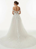 A line Lace Beach Wedding Dress with Off Shoulder Tulle Appliques