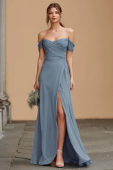 Twilight Off The Shoulder A Line Long Bridesmaid Dress with Slit