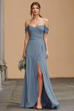 Twilight Off The Shoulder A Line Long Bridesmaid Dress with Slit