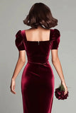 Burgundy Sheath V Neck Long Velvet Dress with Puff Sleeves
