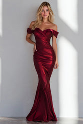 Burgundy Off the Shoulder Mermaid Ruched Long Formal Dress