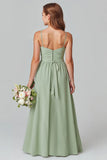 Ruffled Chiffon Sage Green A Line Spaghetti Straps Long Junior Bridesmaid Dress
