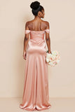 Blush Pink Mermaid Off the Shoulder Cut Out Satin Bridesmaid Dress with Slit