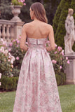 Strapless Pink Floral A Line Jacquard Midi Wedding Guest Dress