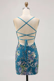 Peacock Floral Tight Spaghetti Straps Short Homecoming Dress with Sequins