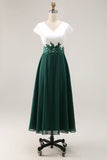 White Green A Line V Neck Chiffon Mother Of The Bride Dress with Appliques