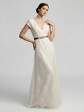 Short Sleeve V neck Pleated Long Lace Wedding Dress