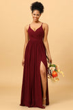 Burgundy A Line Spaghetti Straps Ruched Long Chiffon Bridesmaid Dress with Slit