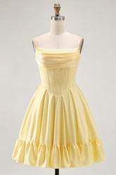 A Line Sunshine Yellow Strapless Corset Mini Homecoming Dress with Ruffles