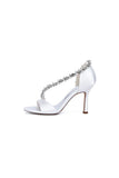 White Satin High Heels with Crystal and Chain Embellishments