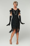 Cold Shoulder Black Fringed Sheath Sequins 1920s Dress