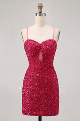 Sparkly Fuchsia Sequins Spaghetti Straps Short Tight Homecoming Dress