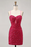 Sparkly Fuchsia Sequins Spaghetti Straps Short Tight Homecoming Dress