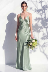 Satin Spaghetti Straps Sheath Sage Bridesmaid Dress