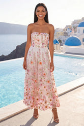 Strapless Pink A Line Floral Wedding Guest Dress