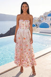 Strapless Pink A Line Floral Wedding Guest Dress