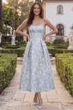 Blue White Flower A Line Square Neck Midi Wedding Guest Dress